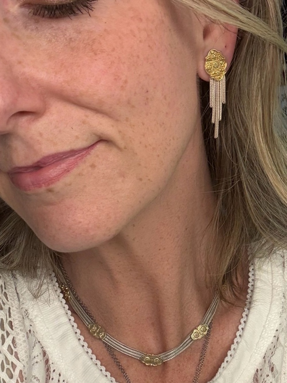 Two-Tone Floral chain necklace 16” Turkish 84 Nu and Anatoli earrings 925